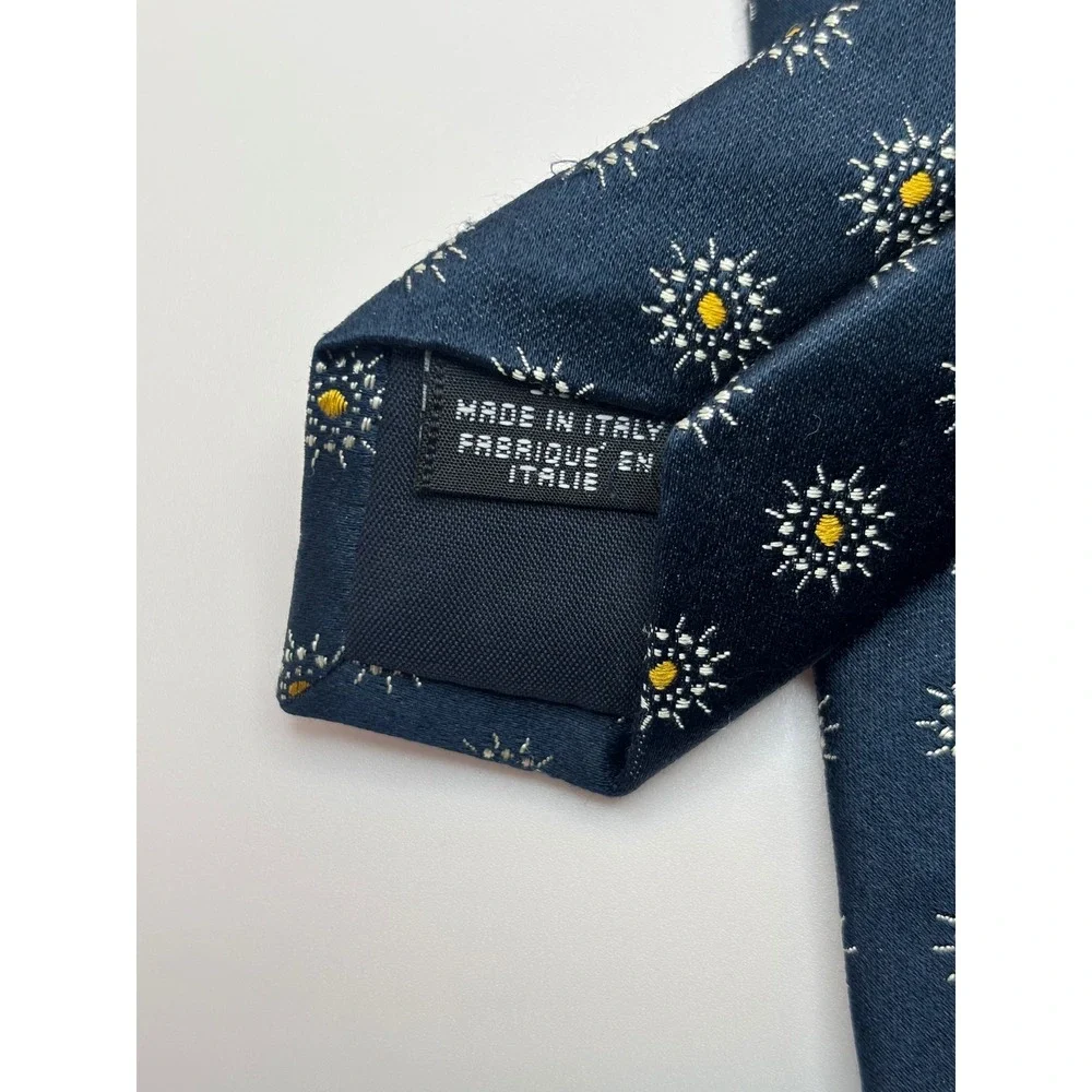 Canali Mens Silk Tie Navy Blue Silver Gold Floral Sunburst Geometric Made Italy